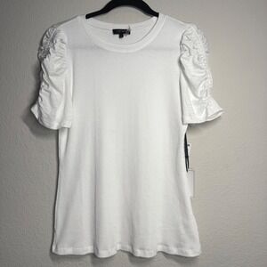 1.State Ribbed Knit Top‎ White Large Ruched Puff Sleeve Crew Neck Stretch Casual